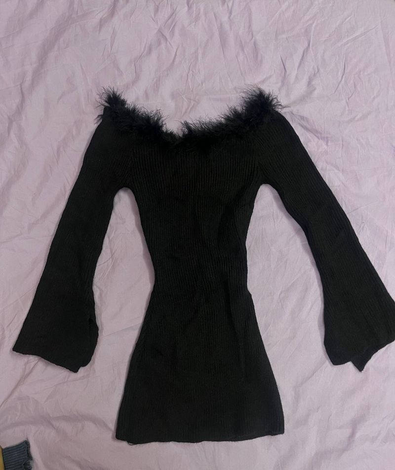 Black Fur Trimmed Bell Sleeve Top