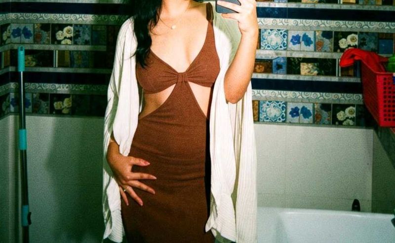 Brown Cutout Knit Dress with Cardigan