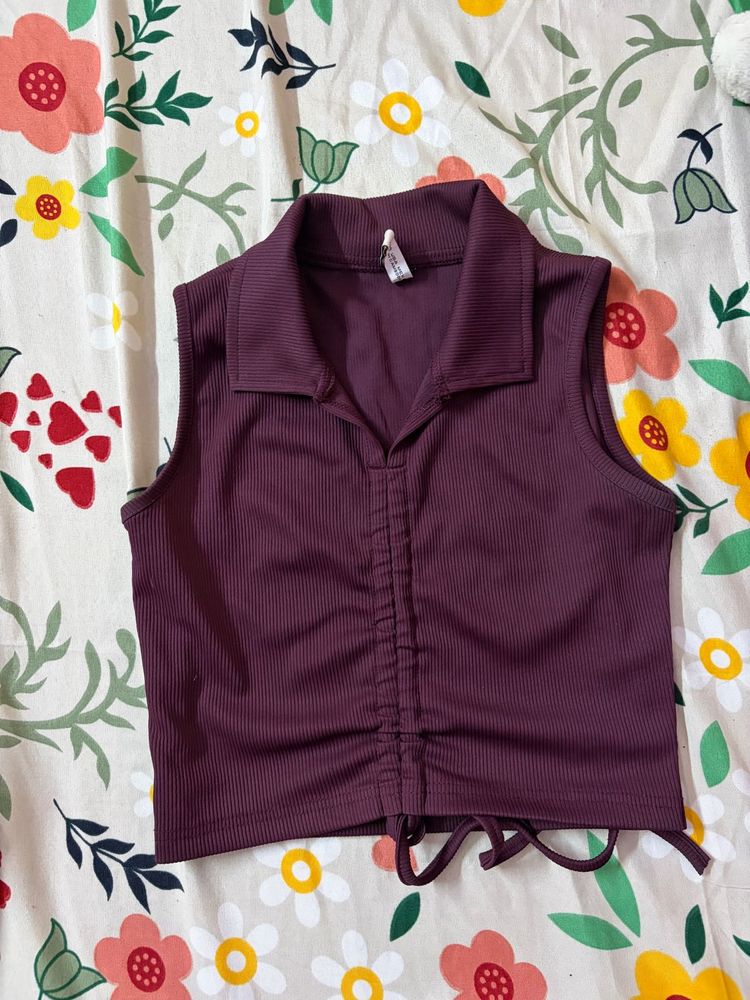 Ruched Collared Sleeveless crop Top