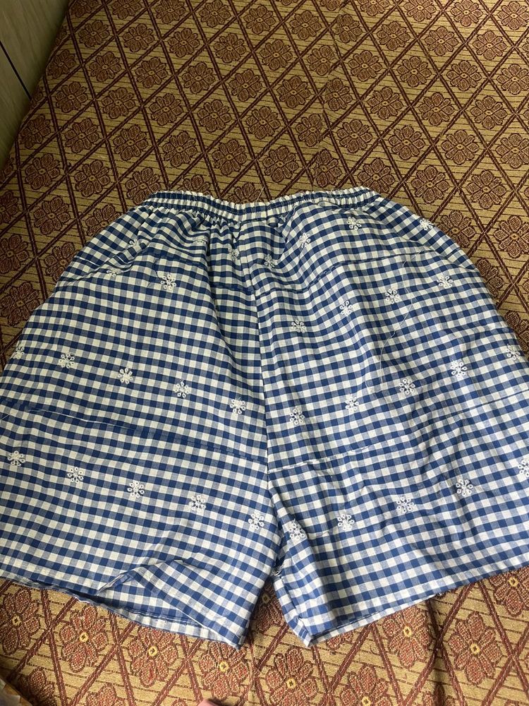 Blue Checkered Shorts with White Embroidery