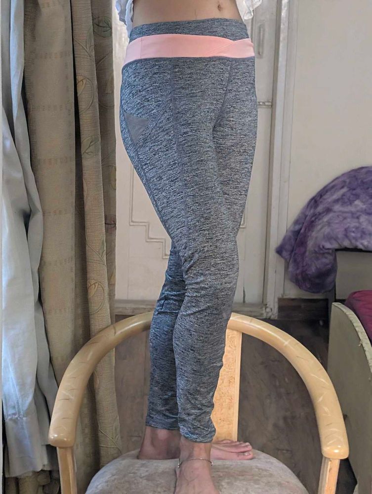 Active Grey Leggings, Pink Waistband + pockets