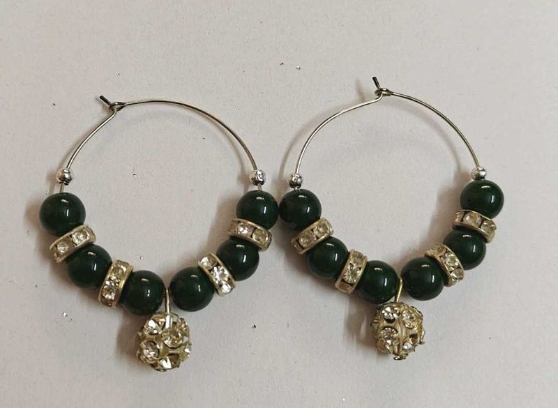 Bottle Green Beaded Hoop Earrings with Charm