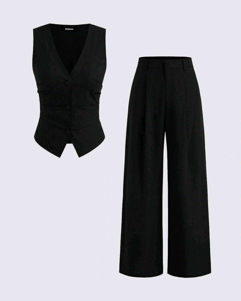 Chic Black Vest and Wide-Leg Pants Set