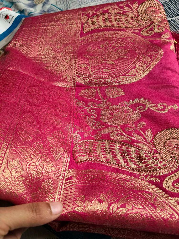 Beautiful Pink Saree with Gold Print