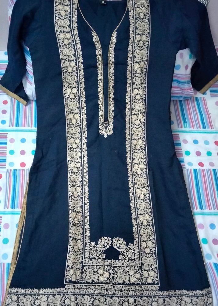 Navy Blue Kurti With Golden Embroidery