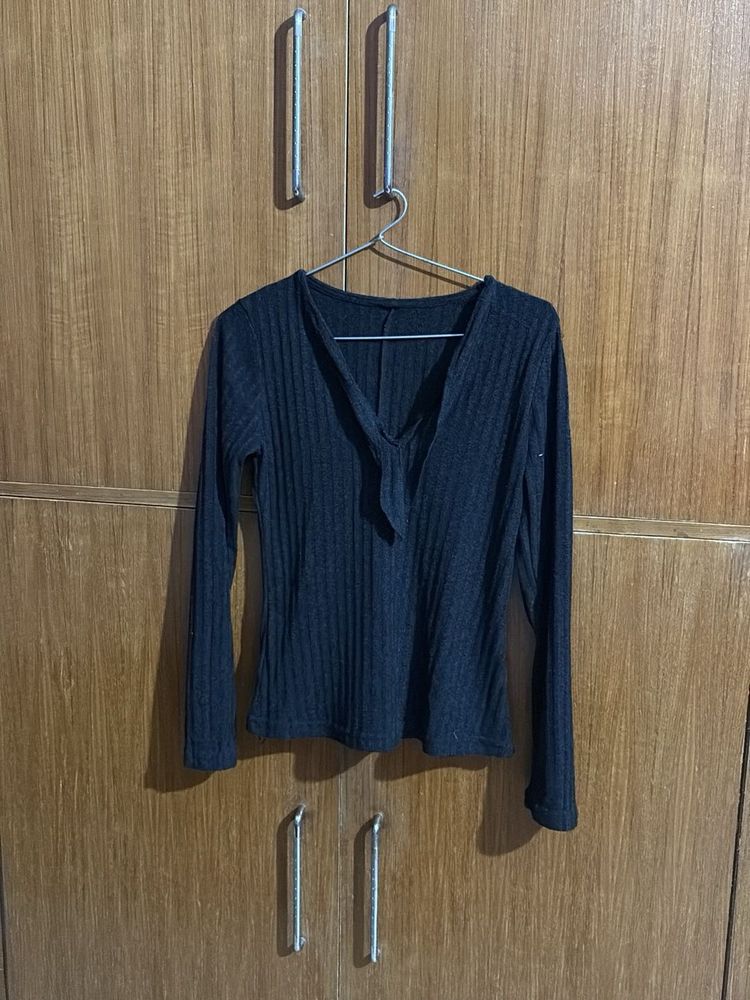Ribbed Long Sleeve Top with Tie Detail
