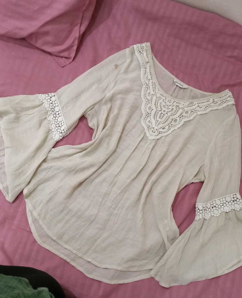 Boho Lace Trim Bell Sleeve Blouse