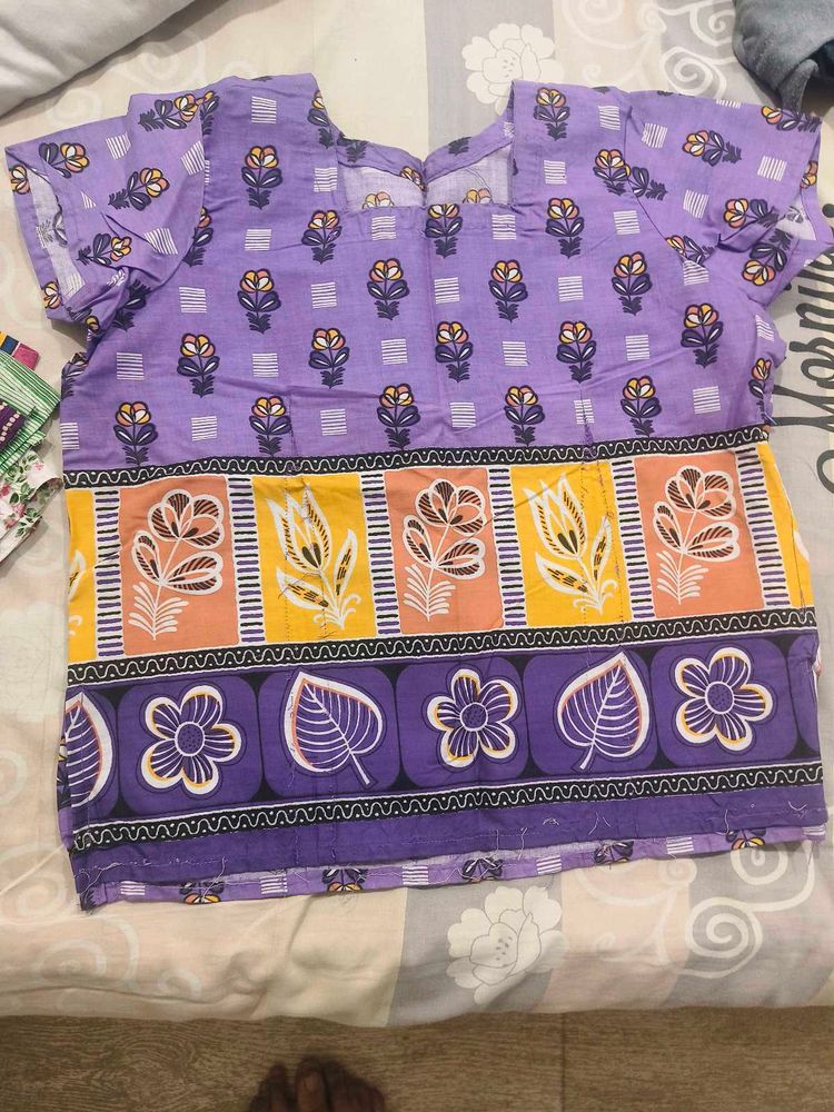 Purple Floral Print Cotton Blouse
