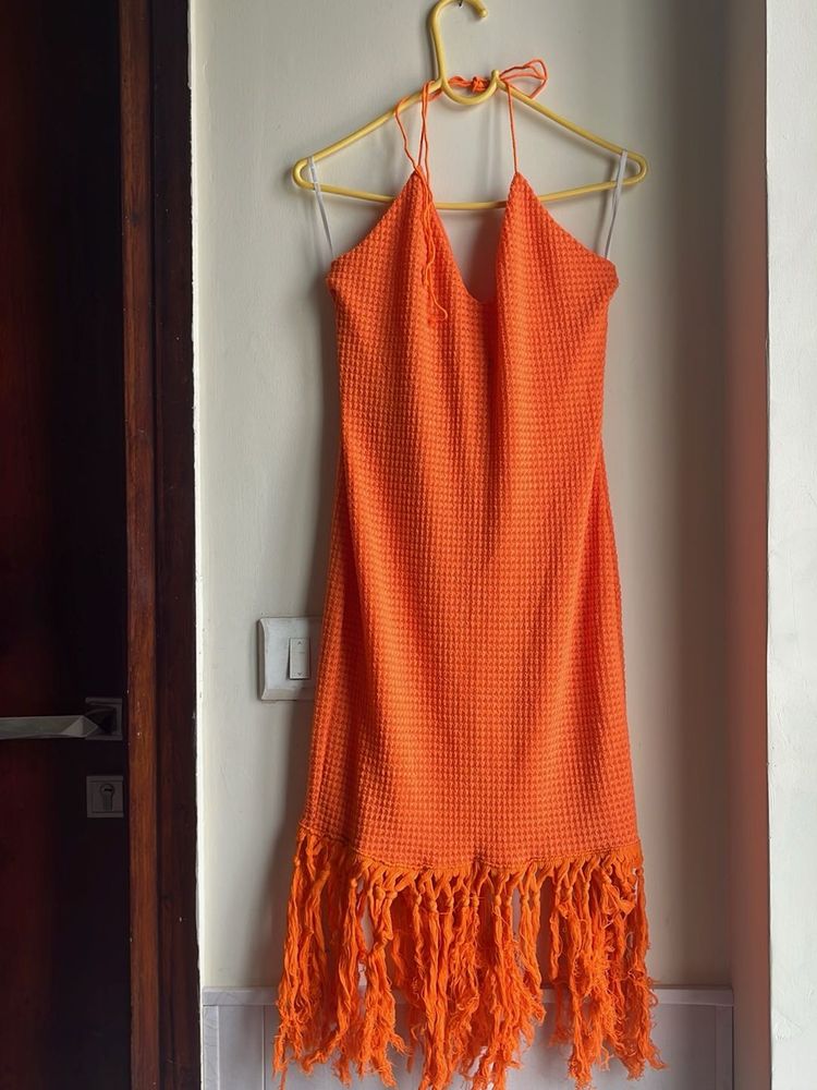 Vibrant Orange Fringed Midi Dress
