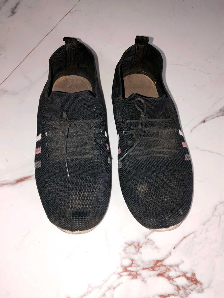 Black Knit Sneakers with Stripe Detail