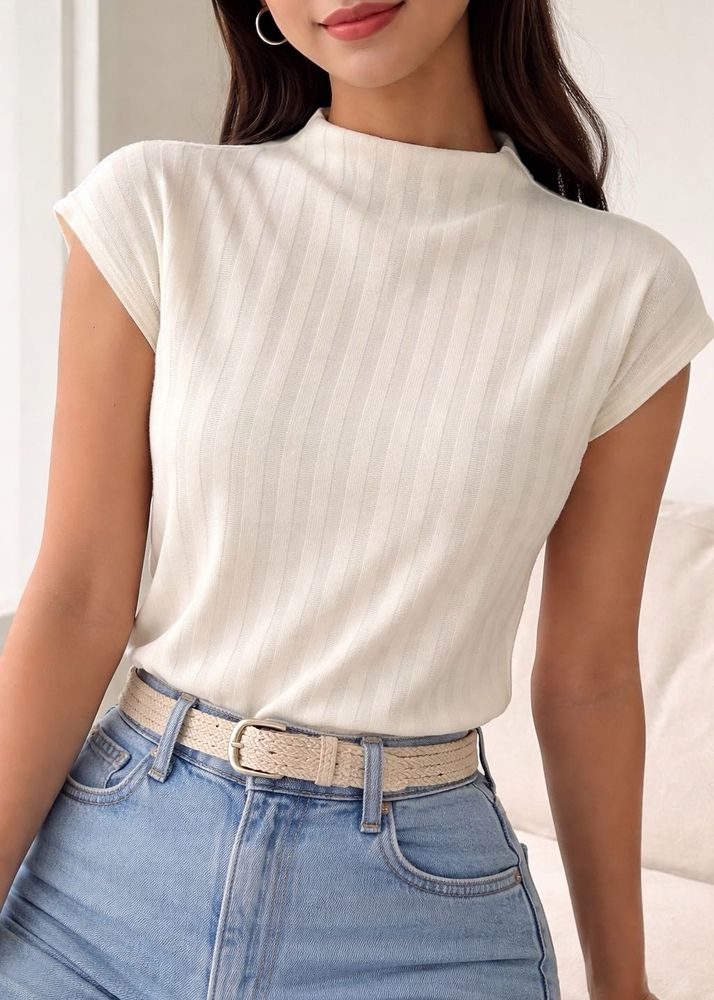 off-white Mock Neck Cap Sleeve Top