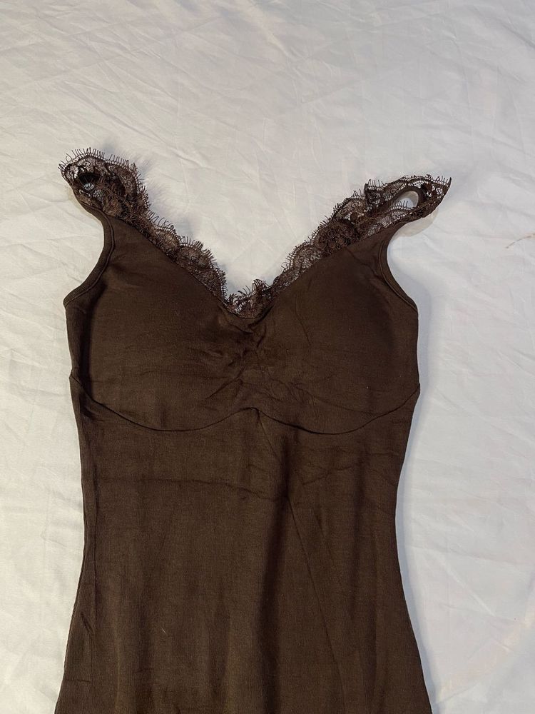 Elegant Brown Lace Trim Maxi Dress
