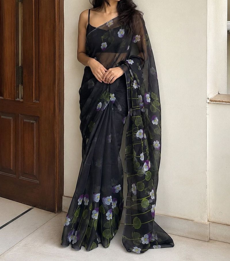 Organza Black Floral Saree