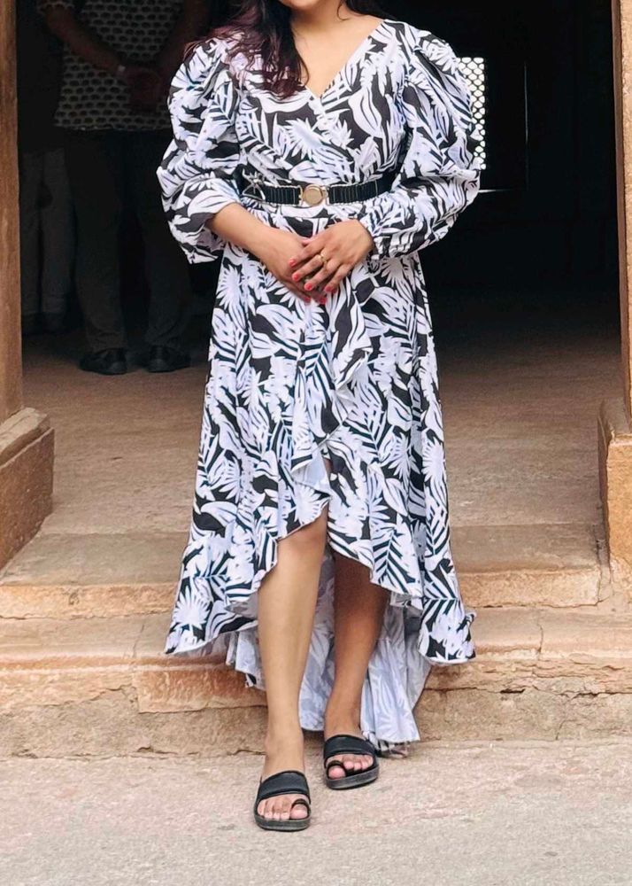Stylish V-Neck Leaf Print Dress