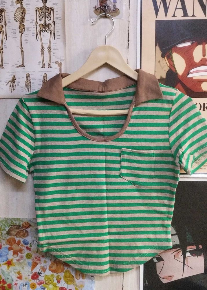 Green &amp; Beige Striped Cropped Top