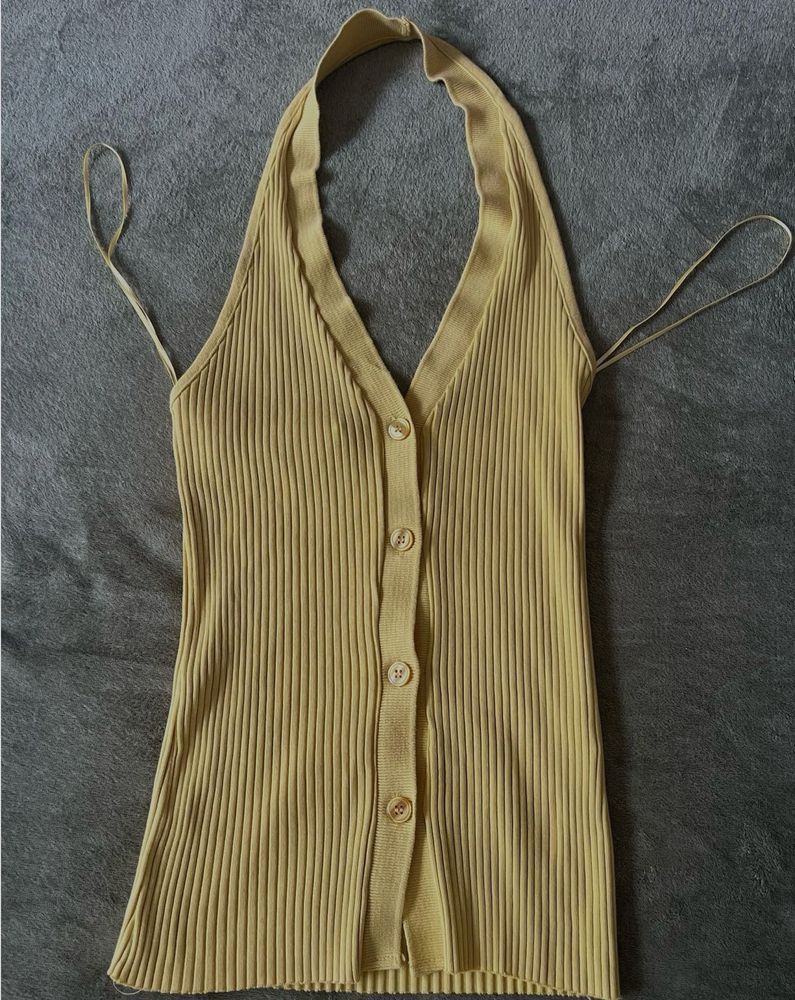 ZARA Yellow Ribbed Halter Backless Top