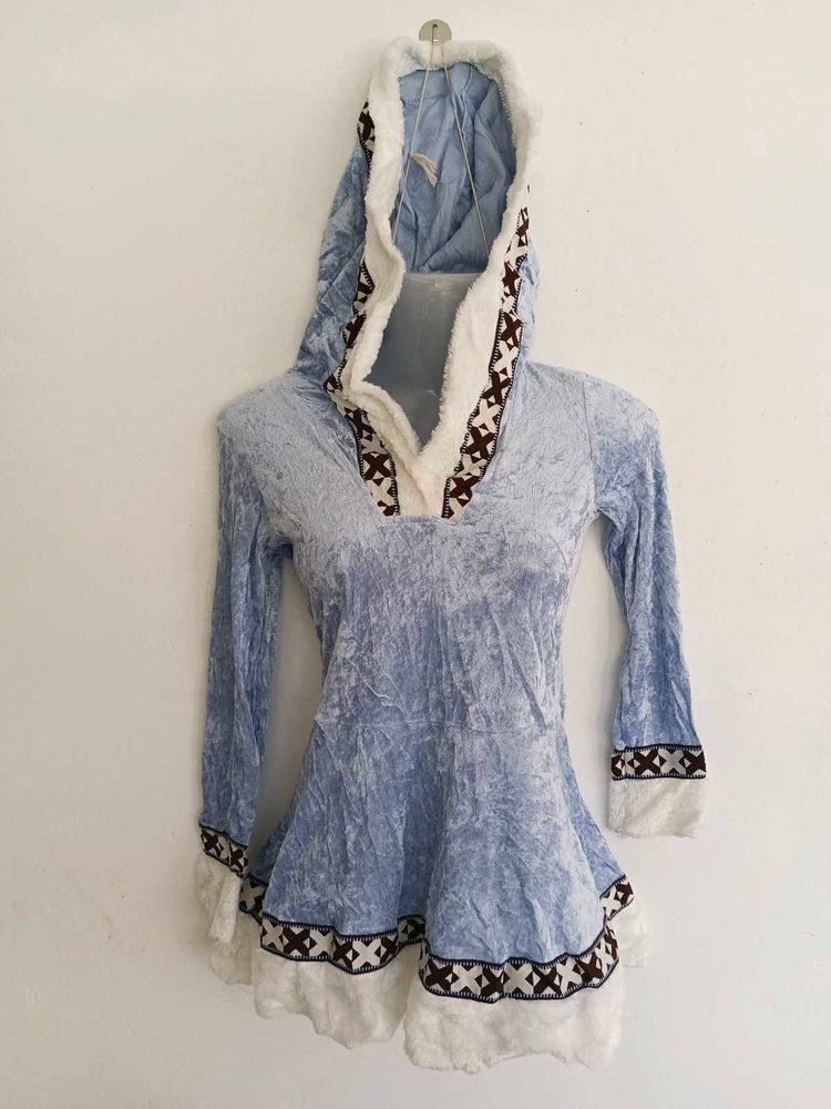 Ice Blue Crushed Velvet Hooded Dress