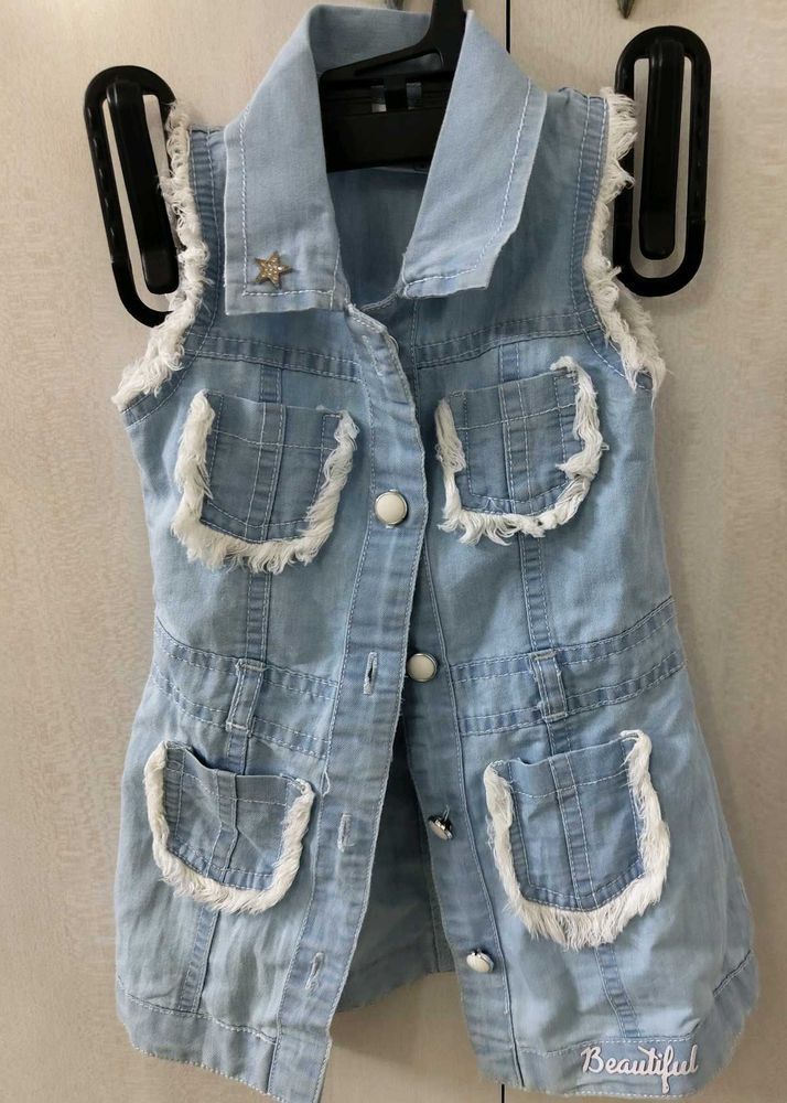 Light Wash Denim Vest with Fringe