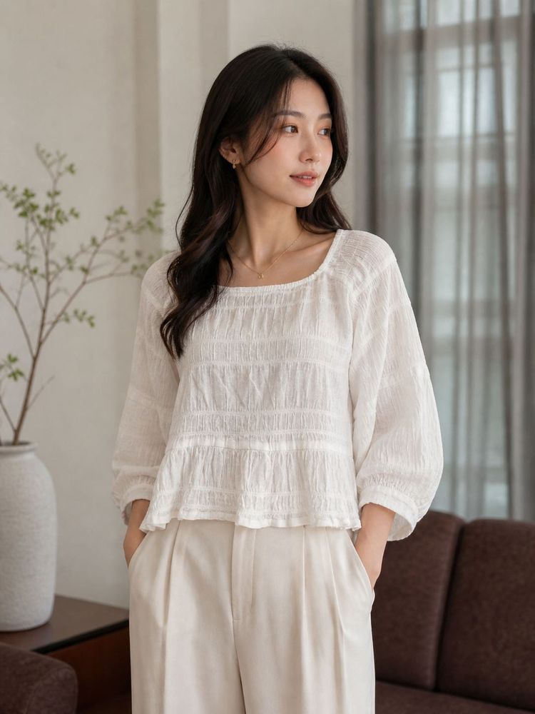 White Smocked Square Neck Top