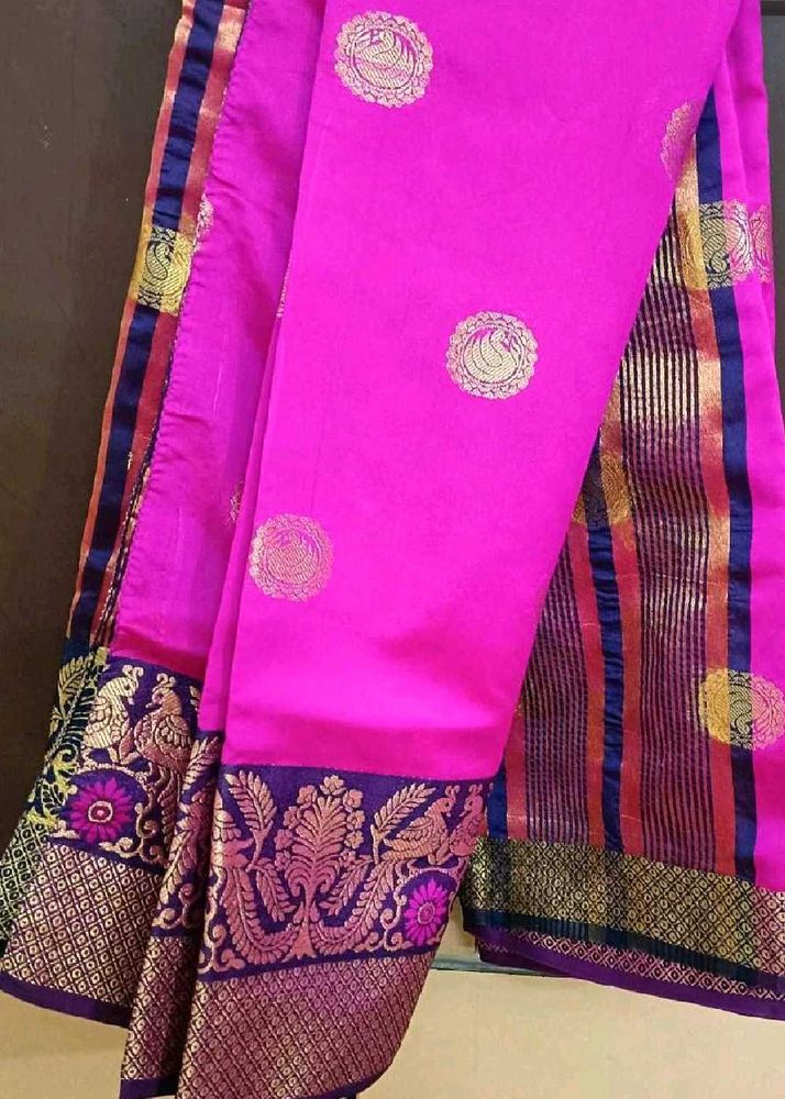 Vibrant Pink Silk Saree with Gold Motifs