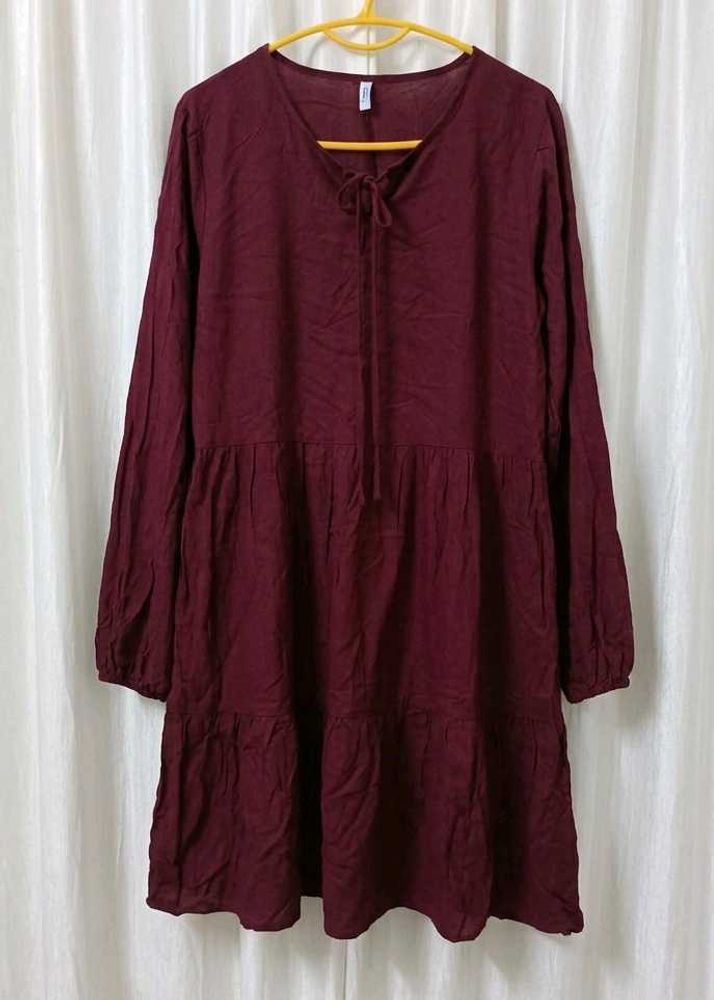 Maroon Round-Neck Tiered Dress