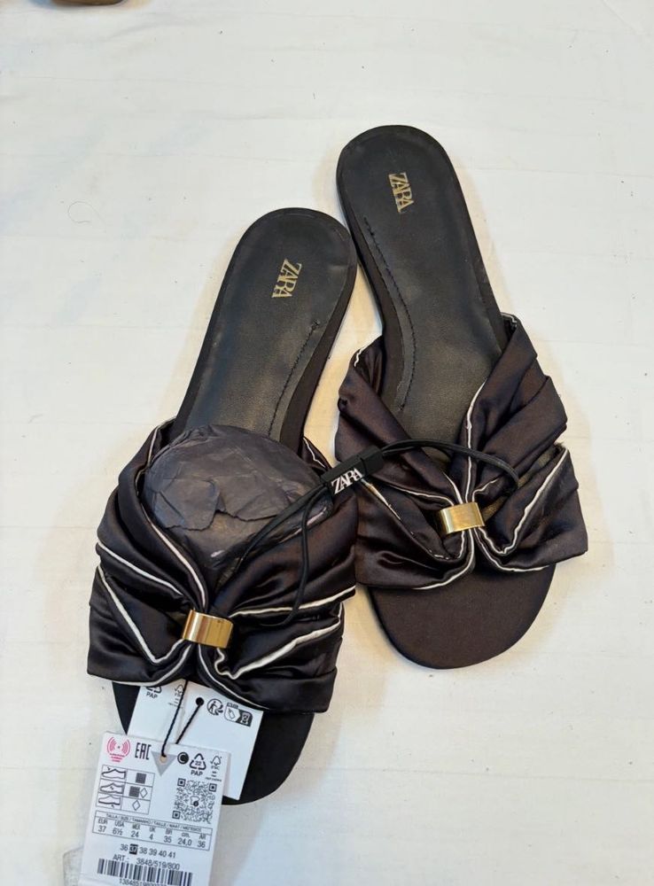 Zara Black Bow Detail Slide Sandals
