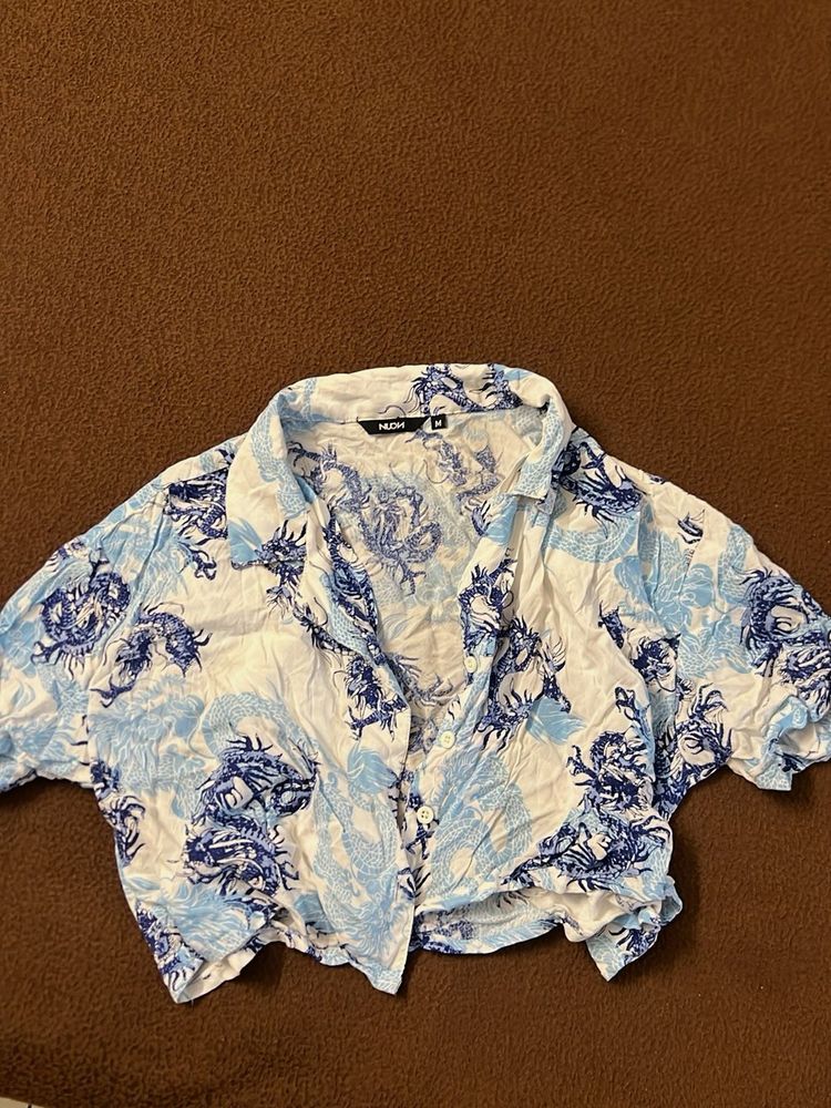 Dragon Print Button-Up Crop
