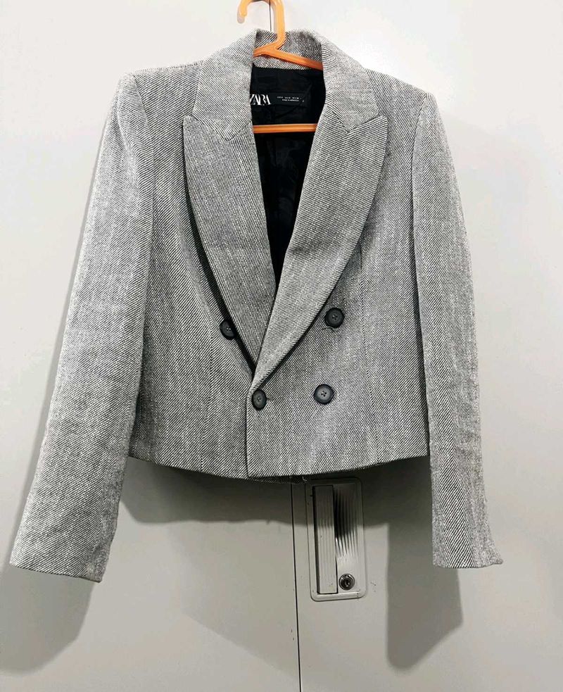 Zara Stylish Grey Double-Breasted Blazer