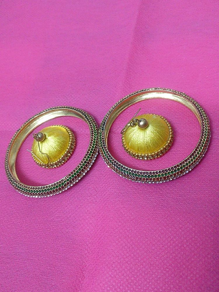 1 Set Of Bangles(Red Green Color &amp; White Stones)And 1 Set Of Silk Thread Earrings (Yellow Color)