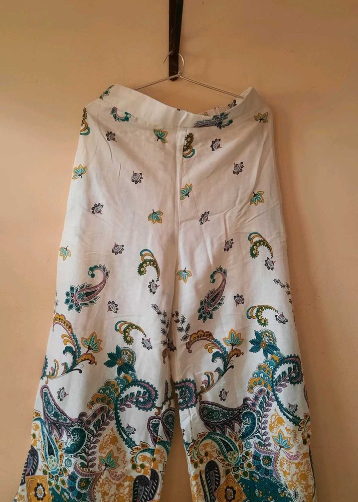 White Paisley Print Palazzo Pants