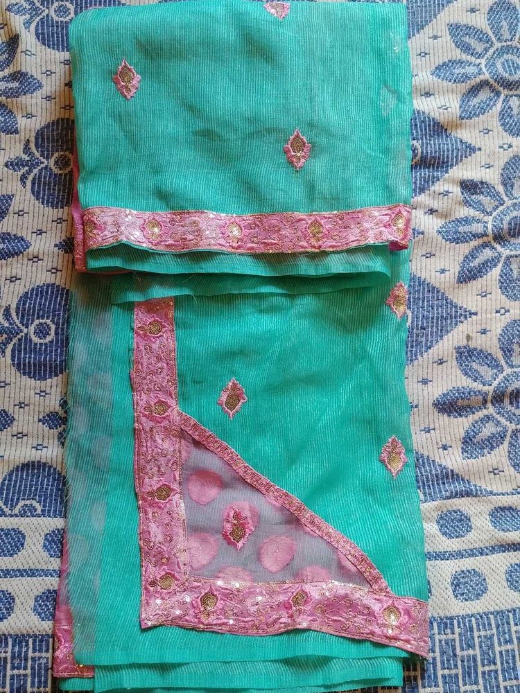 Crepe Teal with Pink Border Saree NO BLOUSE