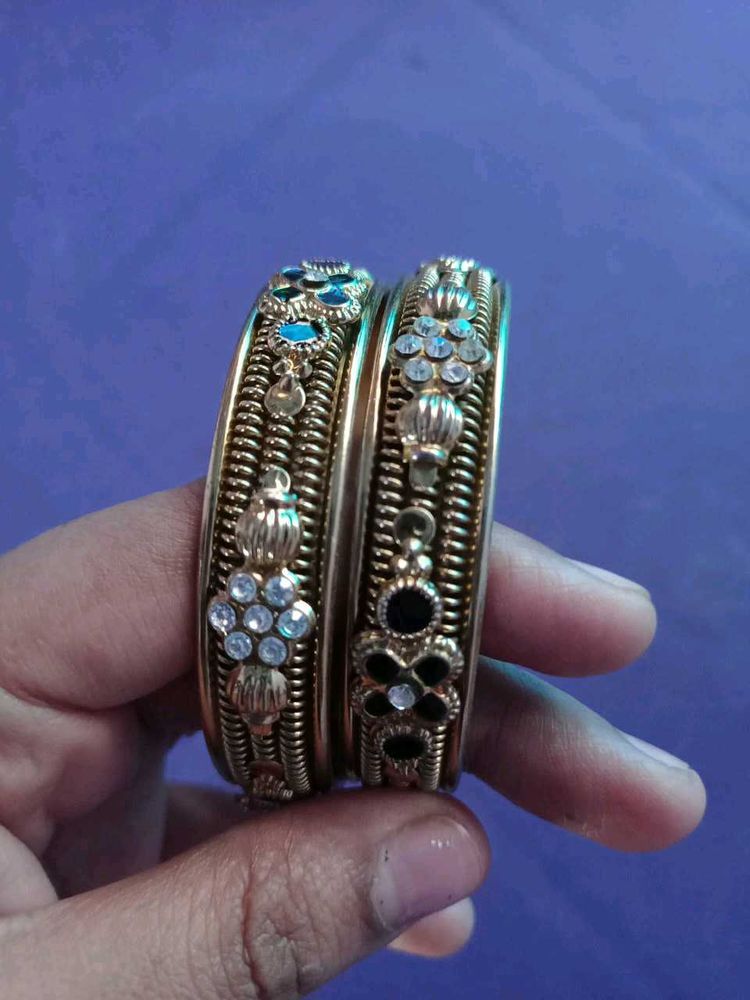 Exquisite Golden Bangles with Blue &amp; Black Stones