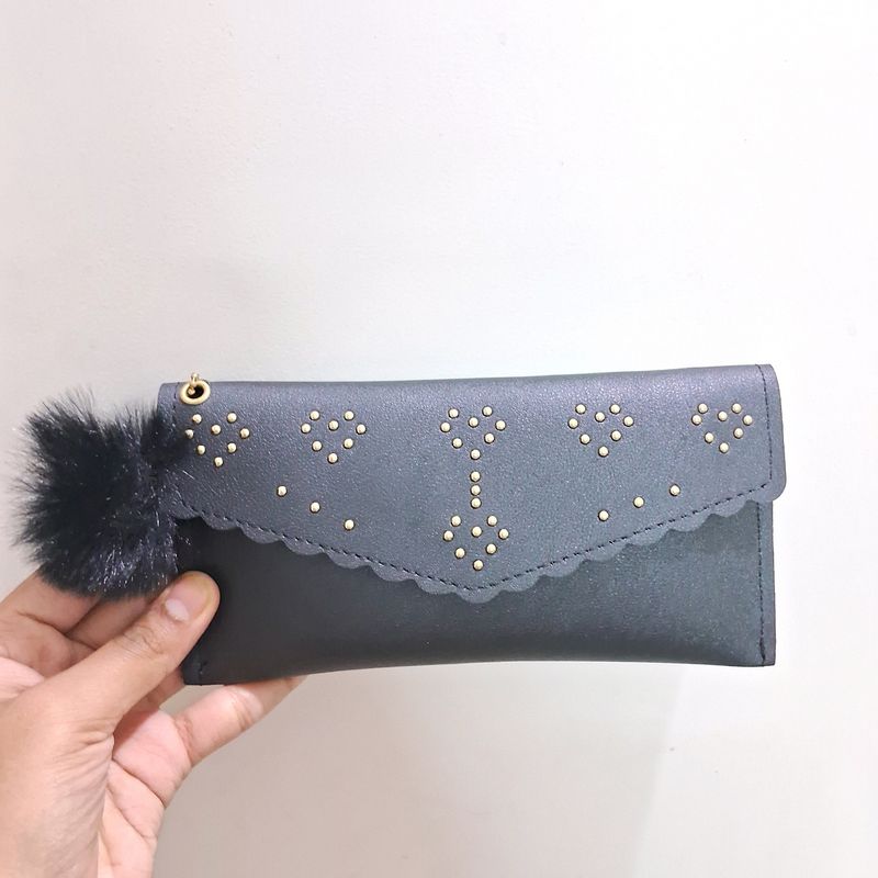 Chic Black Wallet with Pom-Pom Charm