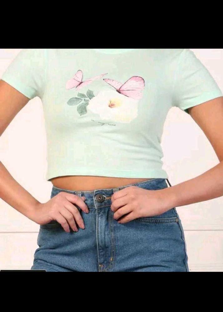 Cute Pastel Crop Top with Butterfly &amp; Flower Print