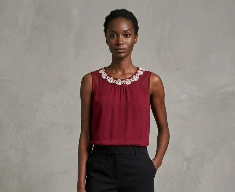 Zara Wine Red Embellished Neck Sleeveless Blouse