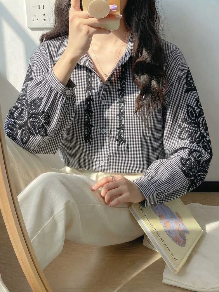Korean Pintrest Chic Gingham Embroidered Shirt
