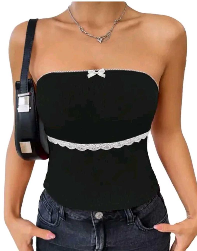 Solid Women Lace Detailed Bow Front Tube Top