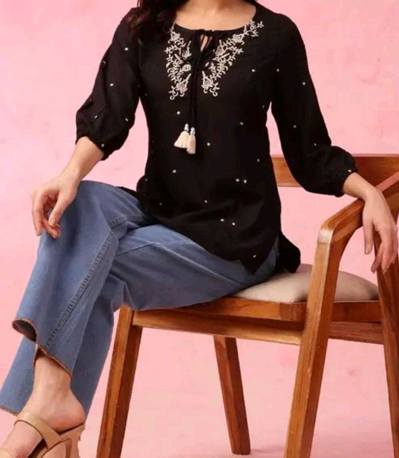 Boho Embroidered Black Tunic Top