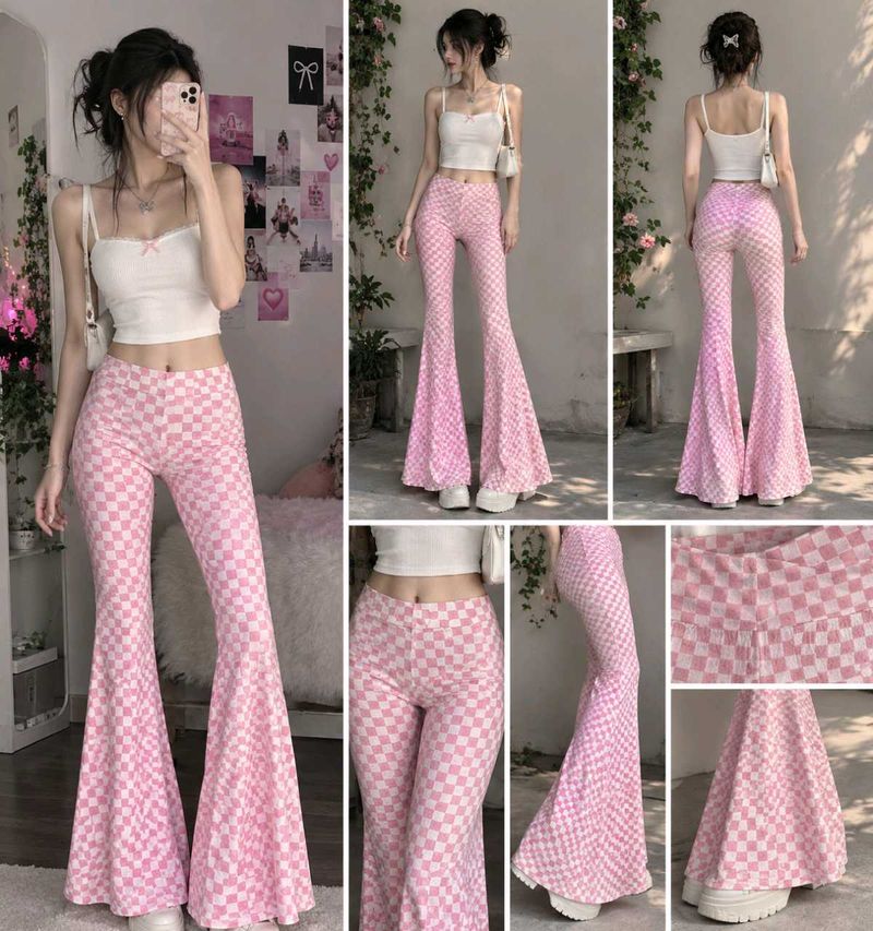 Y2K Pink Checkerboard Flare Pants
