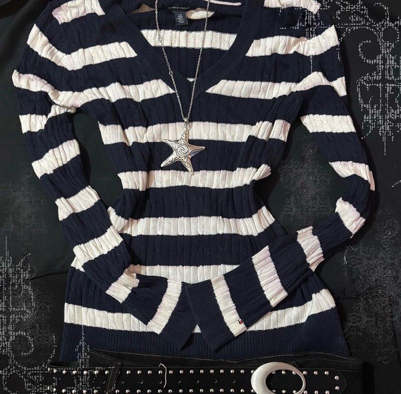Navy &amp; White Striped V-Neck Sweater