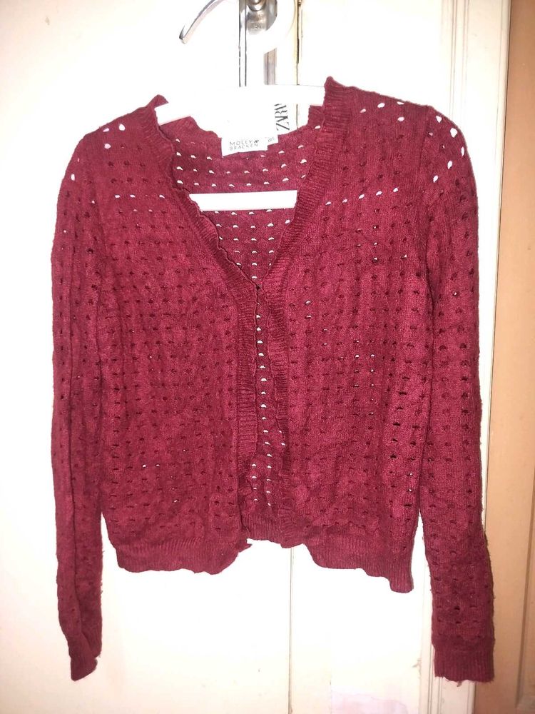 Maroon Crocheted Cardigan