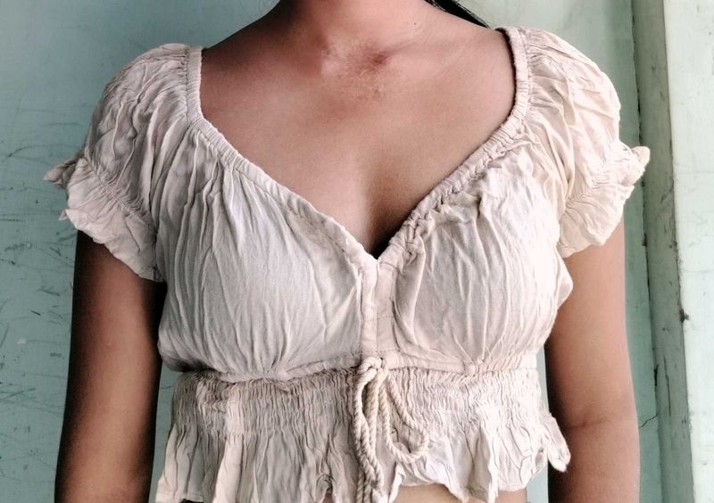 Cream Textured Crop Top