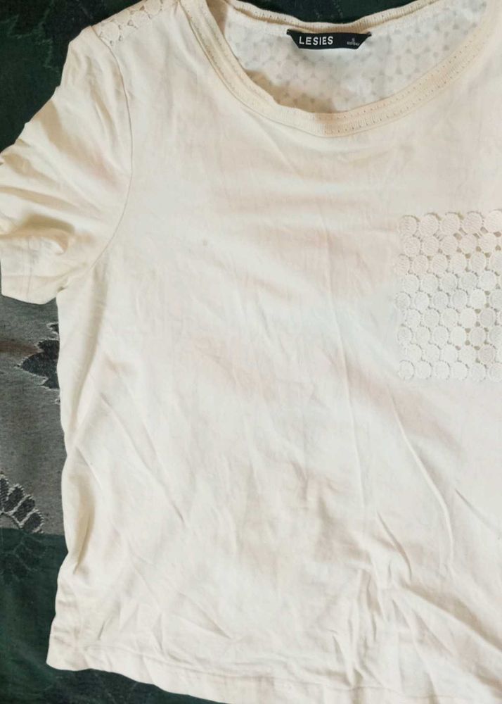 Cream Lace Pocket T-Shirt