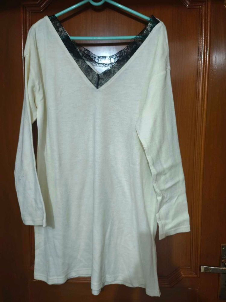 Cream Lace Trim V-Neck Top