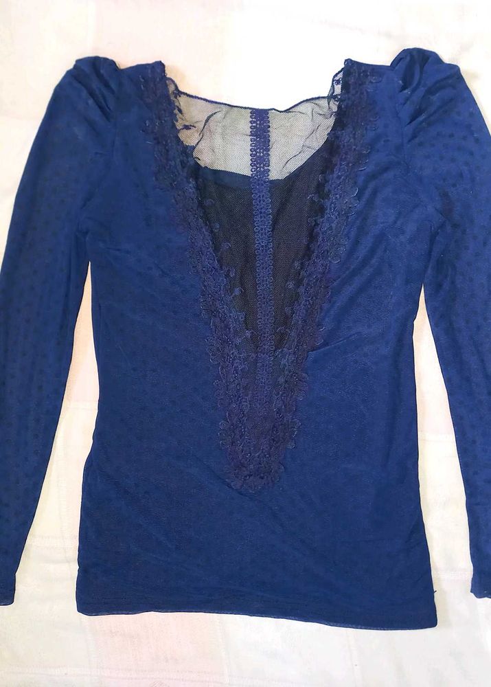 Navy Blue Lace Trimmed Blouse