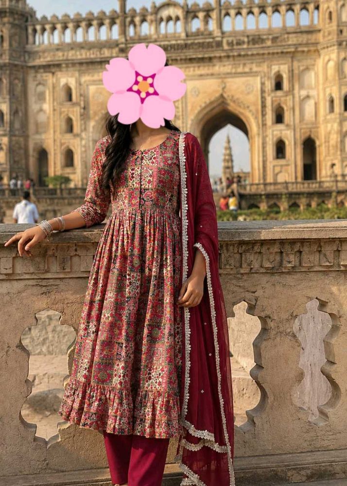 Ethnic Print A-line Frock with Dupatta