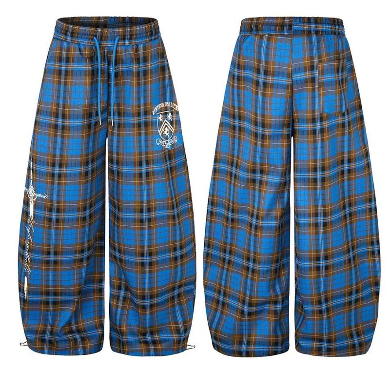 Blue Plaid Wide Leg Pants