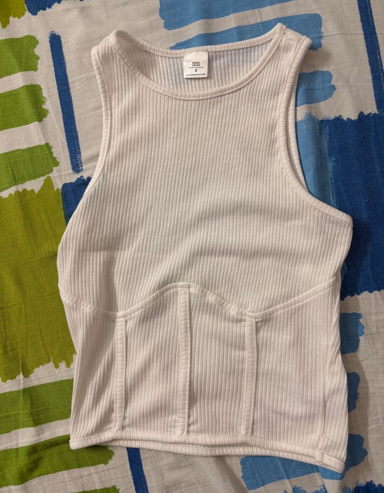White Ribbed Corset Tank Top