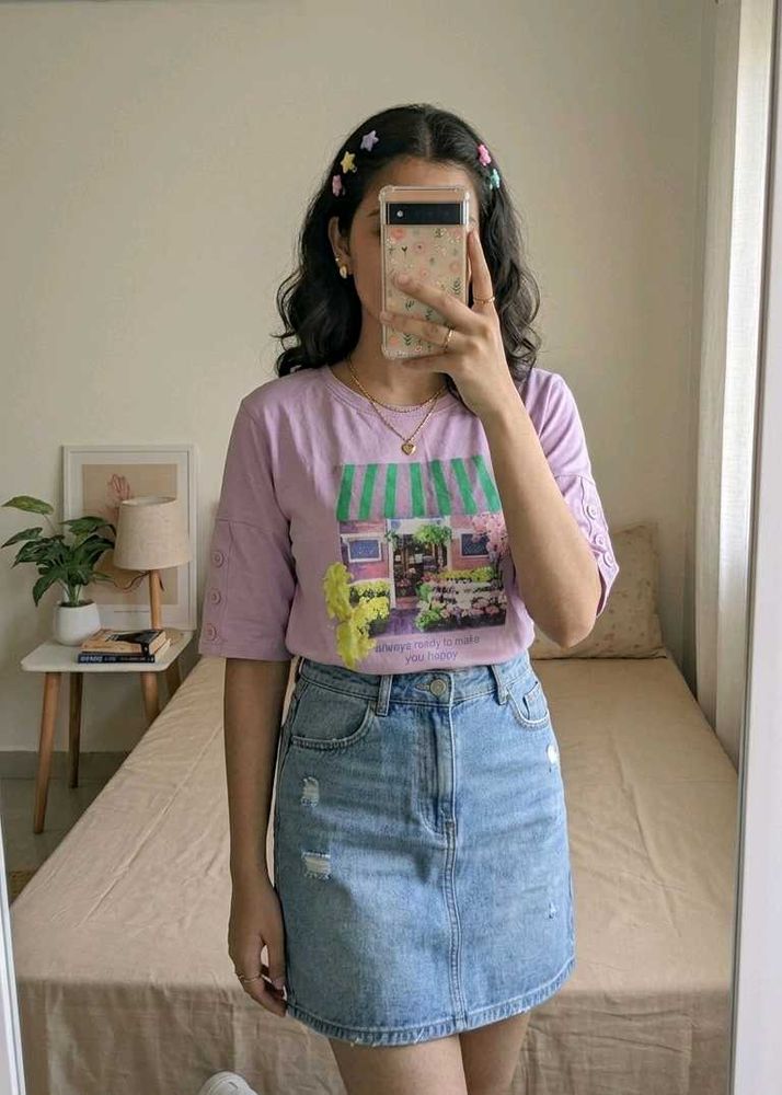 Cute Graphic Print Lavender T-Shirt