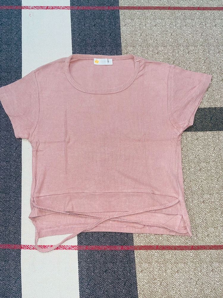 Pink Ribbed Knit Crop Top with Tie Detail